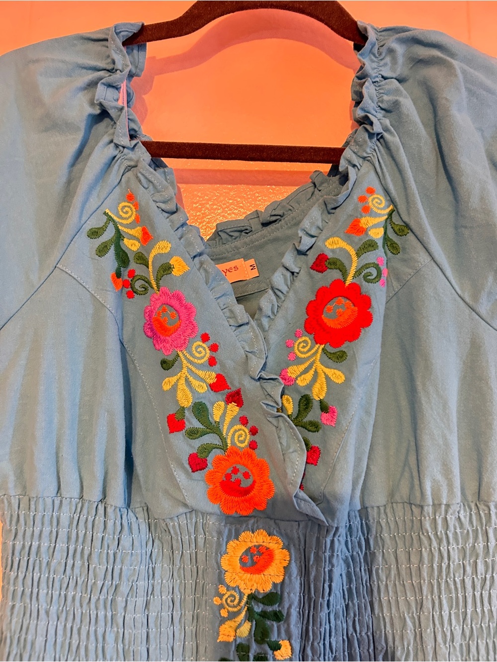 Summer Fun - Lovely Turquoise Embroidered V-Neck Cotton Dress - Picture 4 of 4